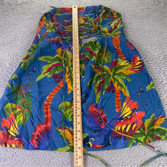 Farm Rio Sunny Day Linen Blend Mini Dress Women Large Blue Tropical Lace Up Back - Picture 4 of 10